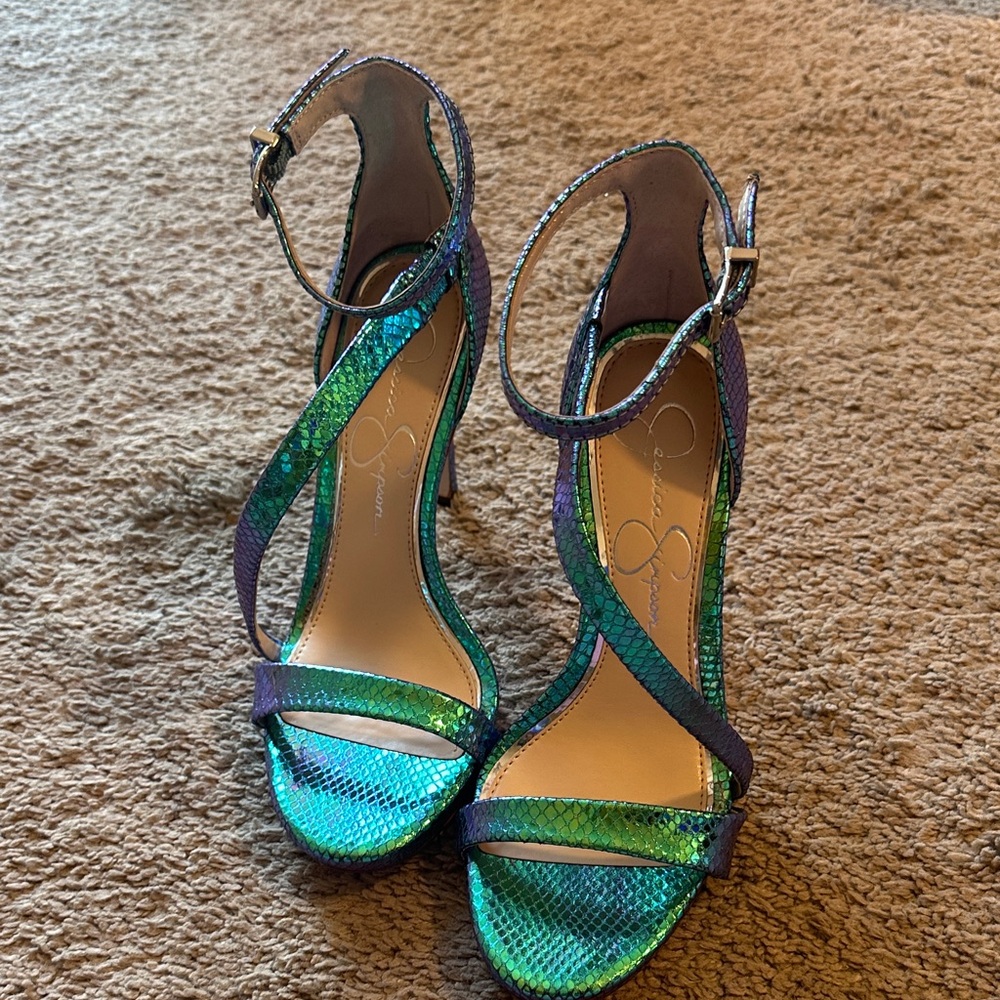 Jessica Simpson Iridescent Blue Green Strappy Heels